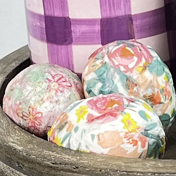 Decoupage eggs on Easter tiered tray.