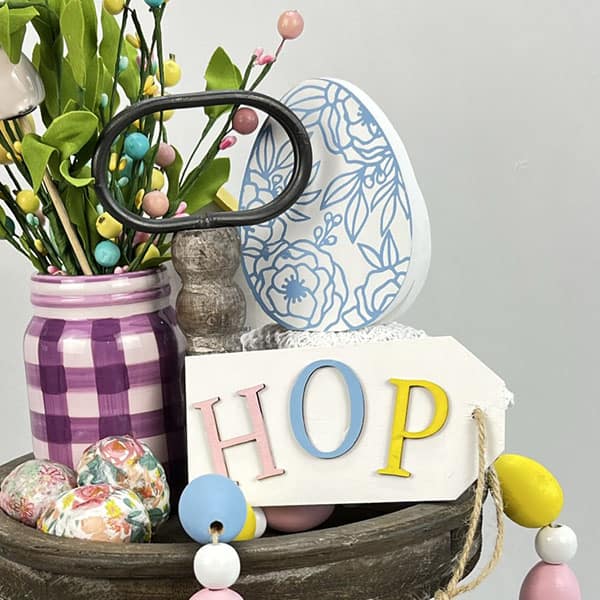 HOP tag on Easter tiered tray.