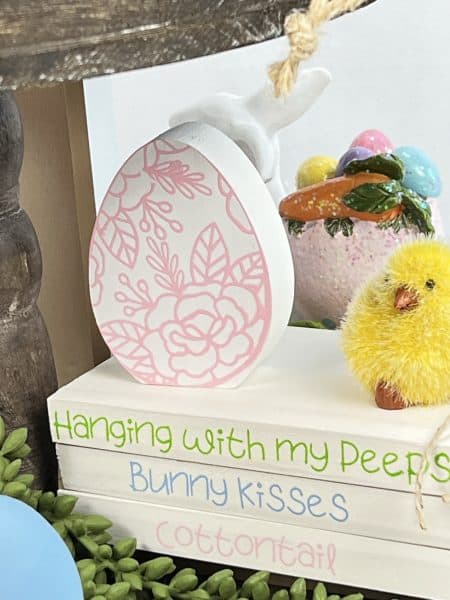 Wooden book stack on Easter tiered tray
