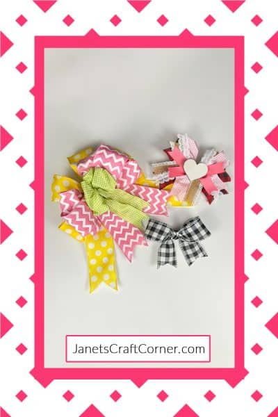 Colorful handmade fabric bows with ribbon accents for Janet's Craft Corner blog post on Three Ways to Make A Bow