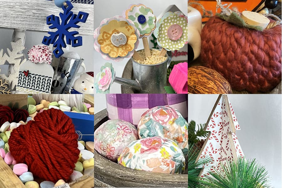 Crafts that can be used on a tiered tray including, wooden snowflakes, paper flowers, yarn pumpkin, 3d Christmas tree, decoupage eggs, and yarn wrapped hearts.